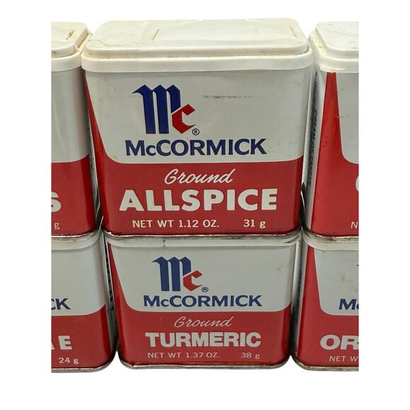 Vintage 1970s McCormick Spice Tins 8 Oregano Turmeric Cloves Allspice Thyme Sage - Picture 3 of 11